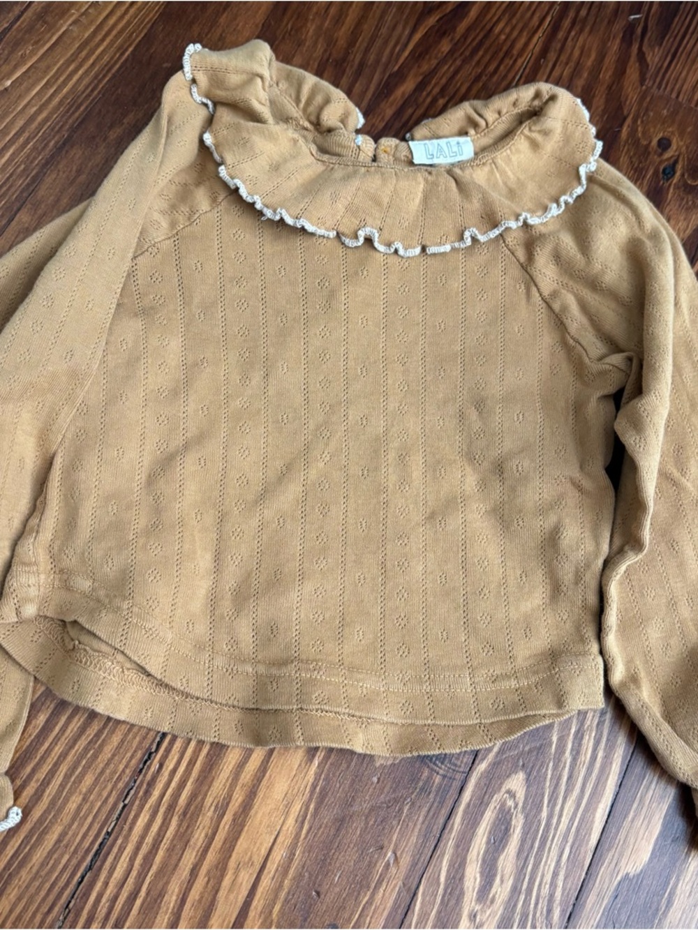 Lali Girls' Mustard Ruffle Collar Long-Sleeve Pointelle Top